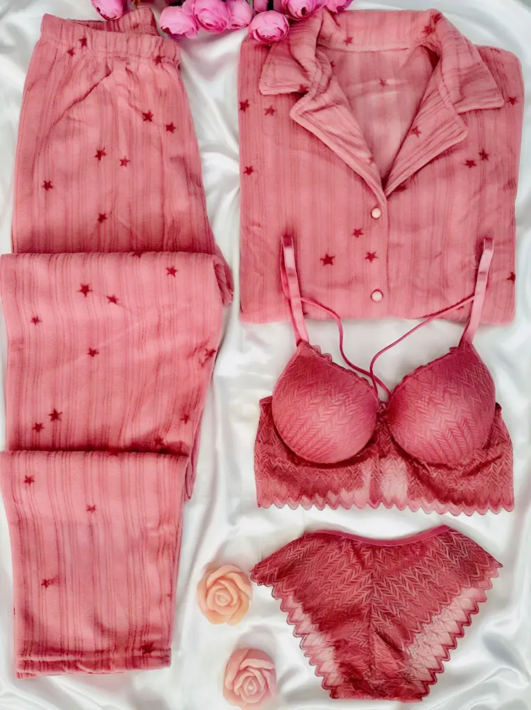Fancy Night Suit & Bra Penty Set Combo for Women's