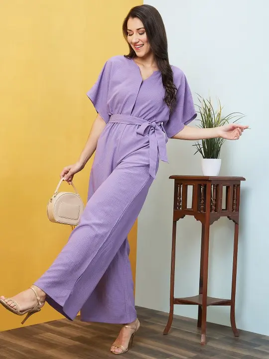 Women Kimono Sleeves Tie-Up Longline Jumpsuit
