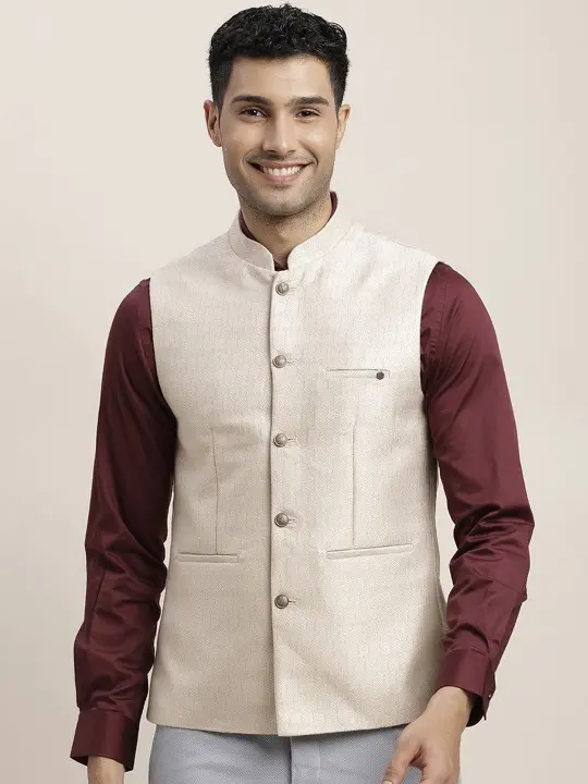 Woven-Design Slim-Fit Woven Nehru Jackets