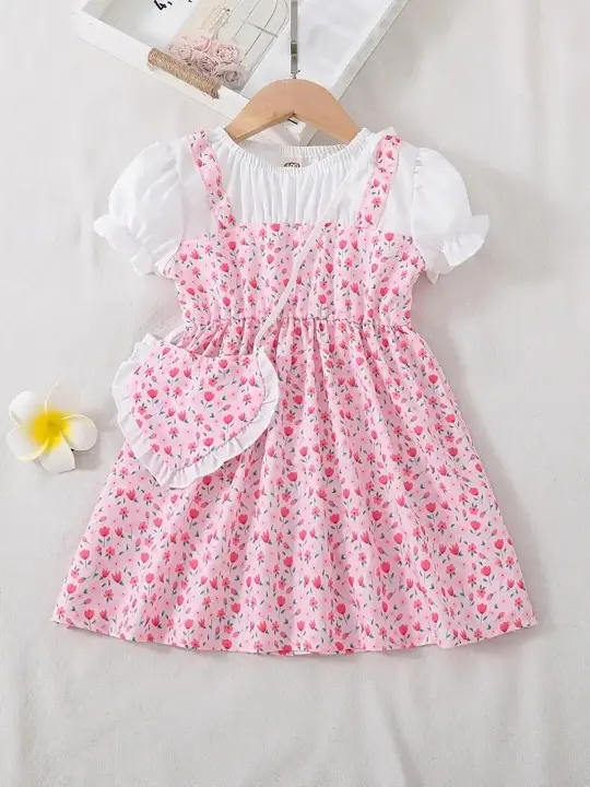 Floral Printed Fit & Flare Dress With Slingbag