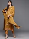 Women Mustard Yellow & Gold Zari Woven Design Straight Kurta Trousers & With Dupatta