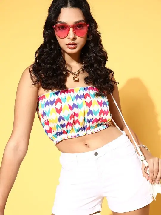 Multicoloured Geometric Print Crop Tube Top