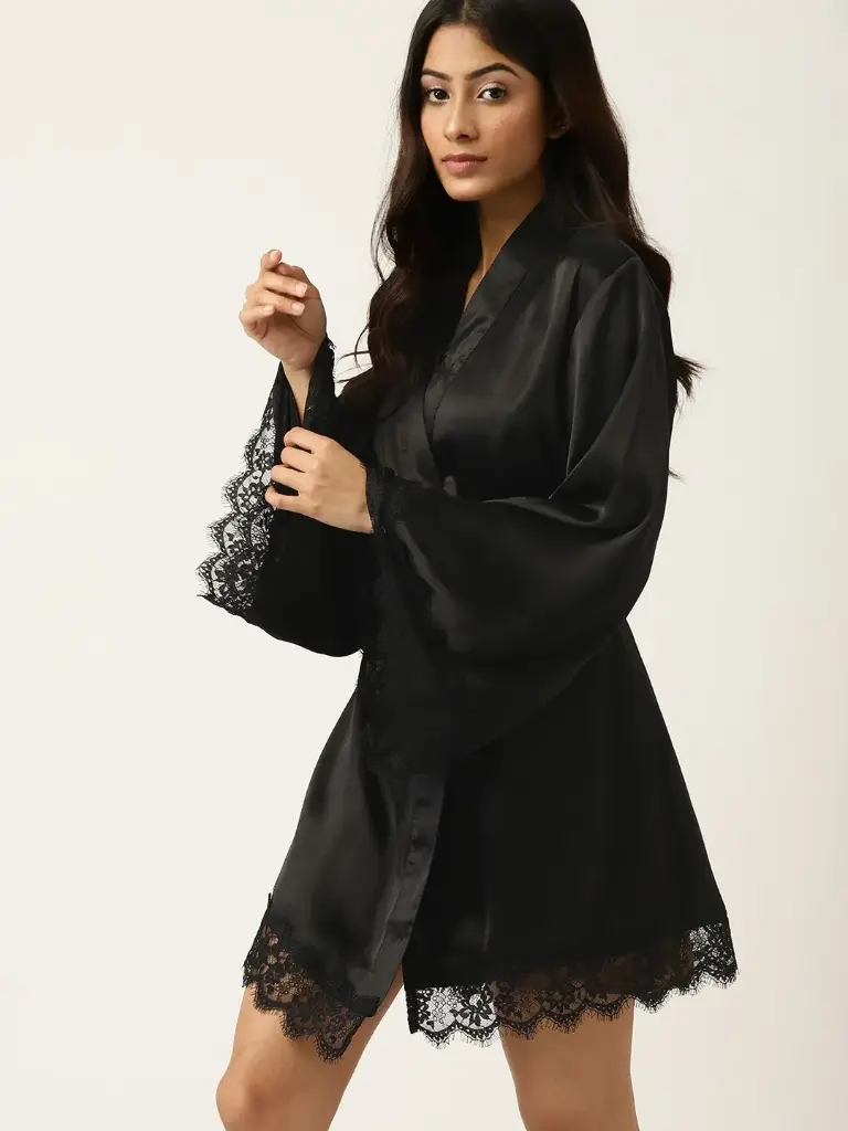 Black Solid Satin Finish Robe With Lace Trims