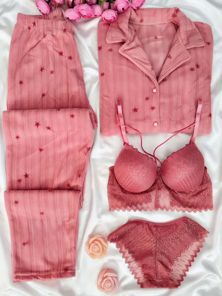 Fancy Night Suit & Bra Panty Set Combo for Women's