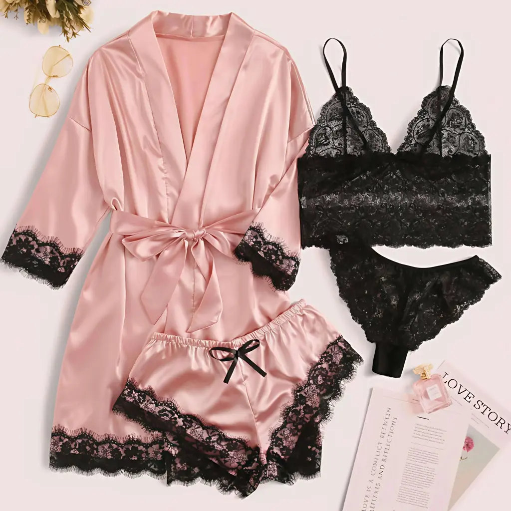 Satin Robe & Lace Lingerie Four Piece Set