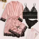 Satin Robe & Lace Lingerie Four Piece Set