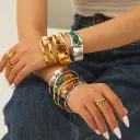 Stainless Steel C-Shaped Cuff Bracelet & Ring Set with Natural Stone