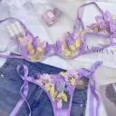 Bright Purple Embroidered Mesh Push-Up Bra & Thong Set for Women