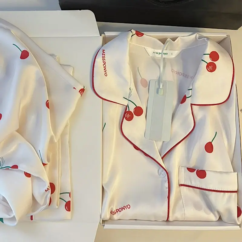 Women’s Ice Silk Long Sleeve Pajama Set – French Style Cherry Print