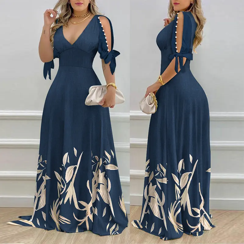 Women’s Elegant Printed V-Neck Swing Dress – Short Sleeve Banquet Dress