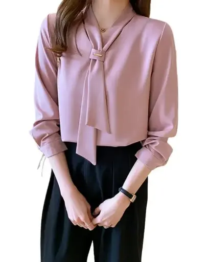 V-Neck Chiffon Korean Style Plain Business Work Shirts Blouse Top