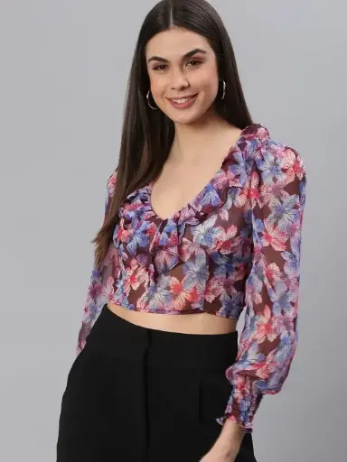Women Multi Floral Printed Smocked Wrap Crop Top