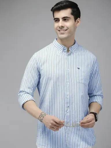 Men Blue Slim Fit Striped Casual Shirt