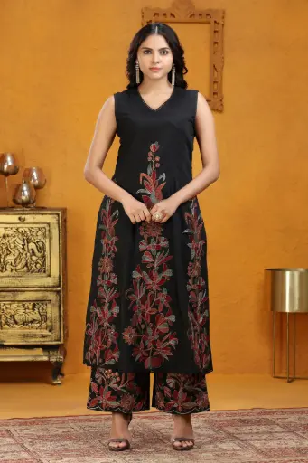 Black PolySilk A Line Embroidered Kurta Pant Set