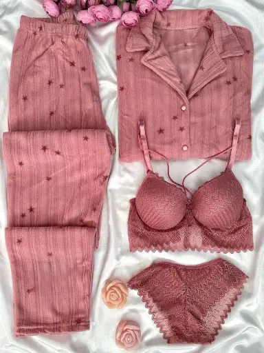 Fancy Night Suit & Bra Penty Set Combo for Women's