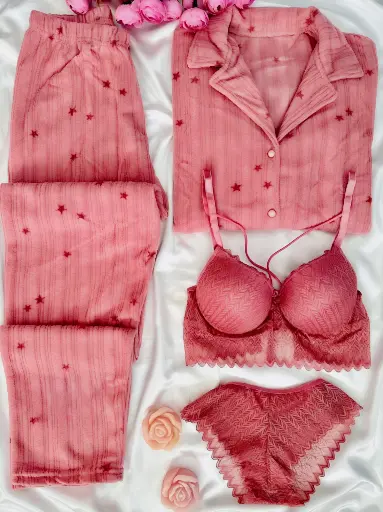 Fancy Night Suit & Bra Penty Set Combo for Women's