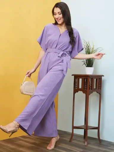 Women Kimono Sleeves Tie-Up Longline Jumpsuit