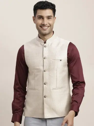 Woven-Design Slim-Fit Woven Nehru Jackets