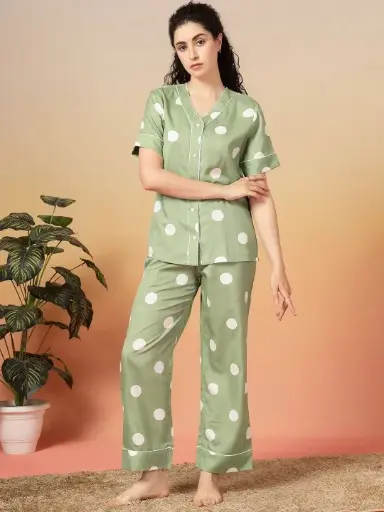 Women Polka Dots Printed Shirt & Pyjamas Night Suit