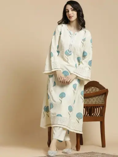 Off-White & Blue Floral Printed Notch Neck Thread Work Cotton A-Line Kurta & Trouser