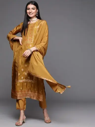 Women Mustard Yellow & Gold Zari Woven Design Straight Kurta Trousers & With Dupatta