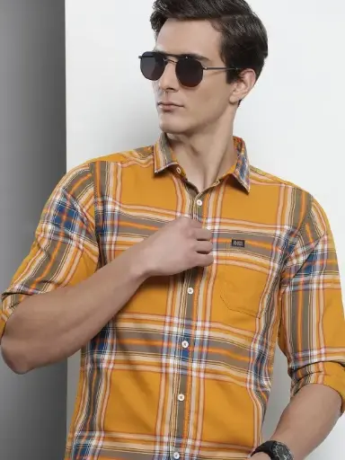 Men Yellow Comfort Checked Regular Fit Casual Shirt