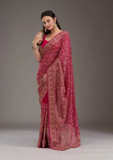 Women’s Rani Pink Silk Saree with Zari Woven Detailing