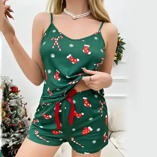 Home Festival Women's Christmas Snowflake Print Pajama Shorts Set
